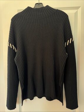 Rails Black Ribbed Mock Neck Sweater with White Whipstitch Detail